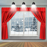 Lofaris Red Curtain White Window With Snowy Winter Backdrop